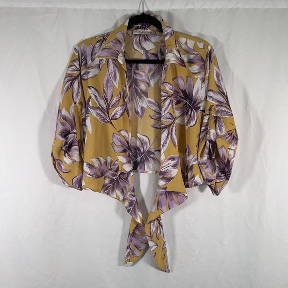 Find Me Plus Blouse Women's 1XL Yellow Floral 3/4 Sleeve Tie Front - Picture 1 of 10
